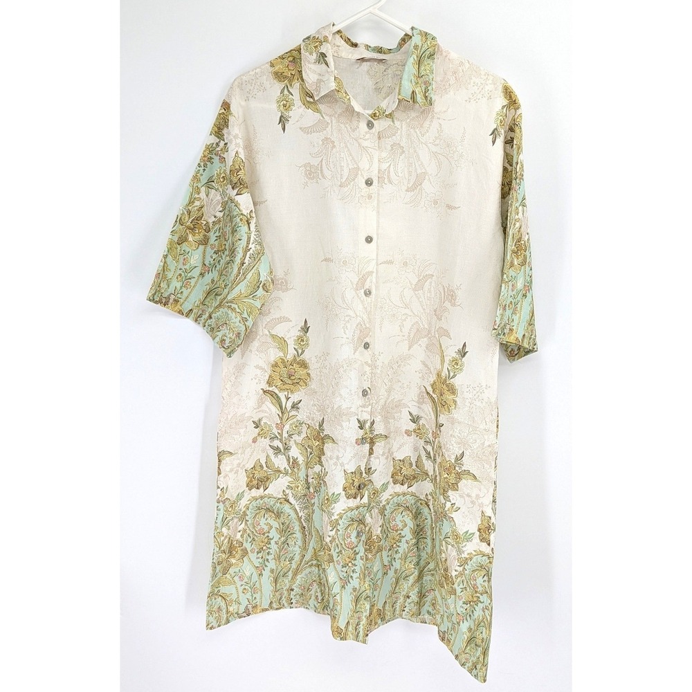 Spighe Di Lino Italy Paisley Floral Linen Tunic Dress Sage Green XL